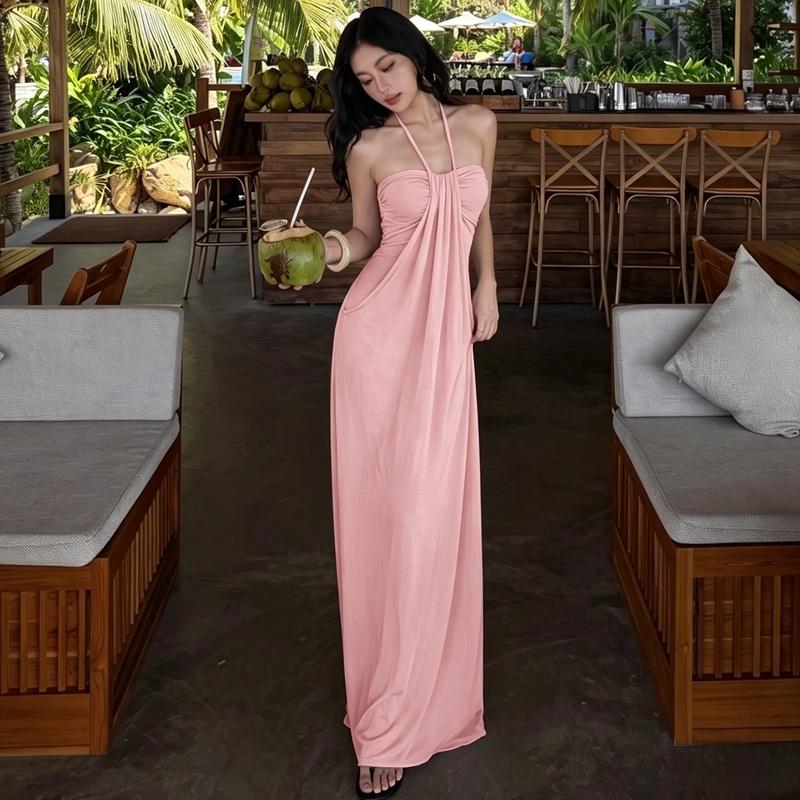 Women's Solid Color Ruched Bodycon Halter Neck Dress, Sexy Sleeveless Strapless Backless Slim Fit Tube Dress, Party Club Date Gown Dress, Elegant Slim Fitting, Casual Daily Maxi Dresses For Ladies Summer