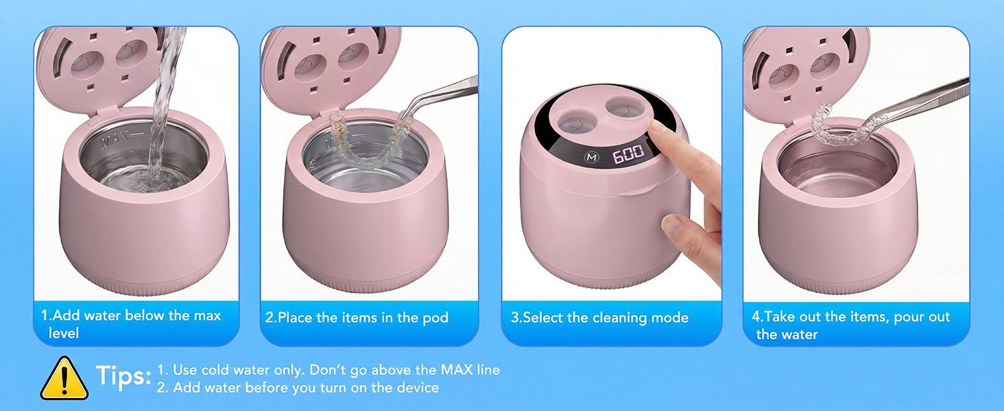 Ultrasonic Denture Cleaner, 48kHz Deep Cleaning Machine with 4 Timed Modes, 200mL Digital Display for Retainers, Mouth Guards, Braces, Aligners, Toothbrushes, Jewelry, Pink Ultrasonic Denture Cleaner, 48kHz Deep Cleaning Machine with 4 Timed Modes, 200mL Digital Display for Retainers, Mouth Guards, Braces, Aligners, Toothbrushes, Jewelry, Pink