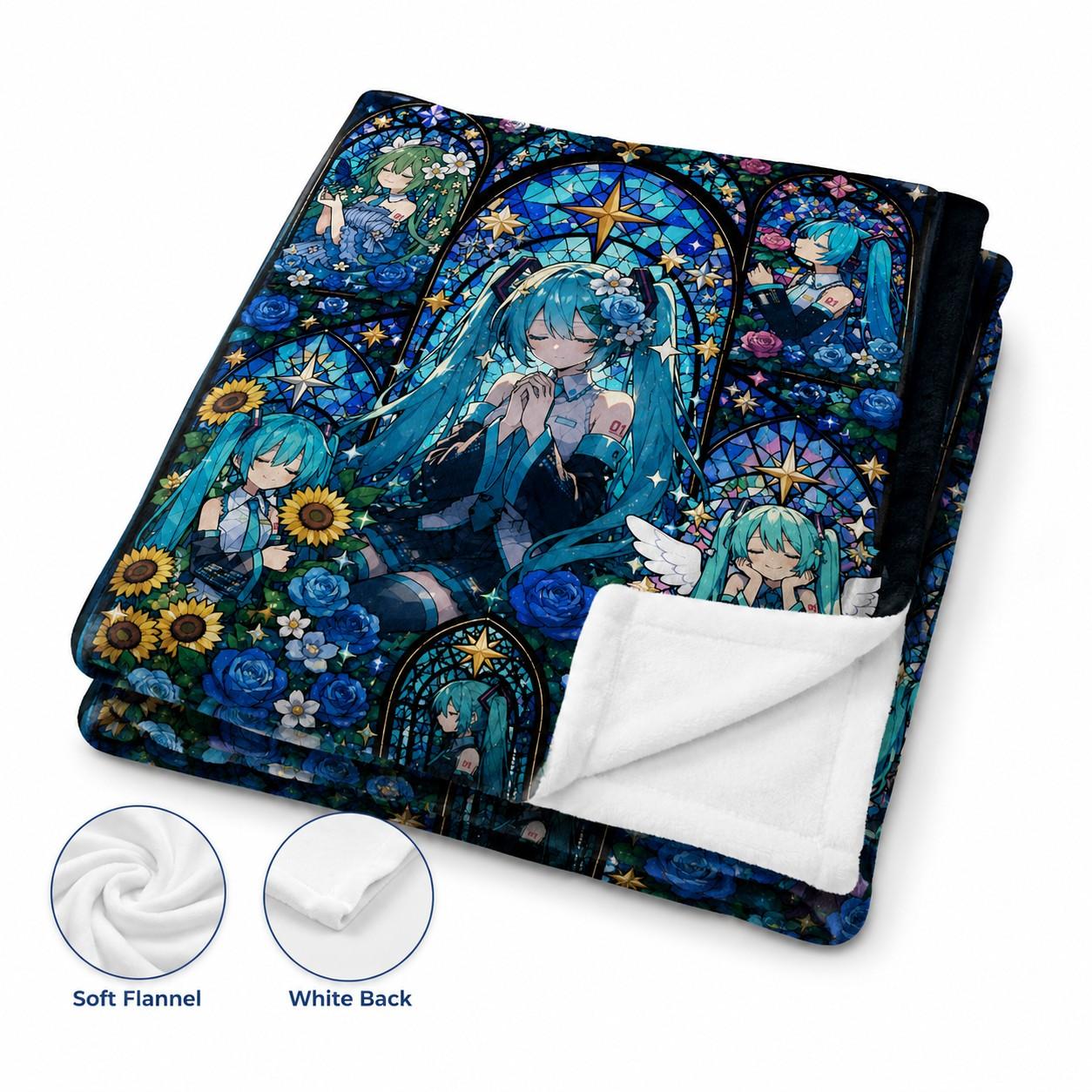 Hatsune Miku Vocaloid Flannel Blanket, Blue Rose Stained Glass Anime Throw for Bed Sofa, Soft Cozy Room Decor Gift for Fans
