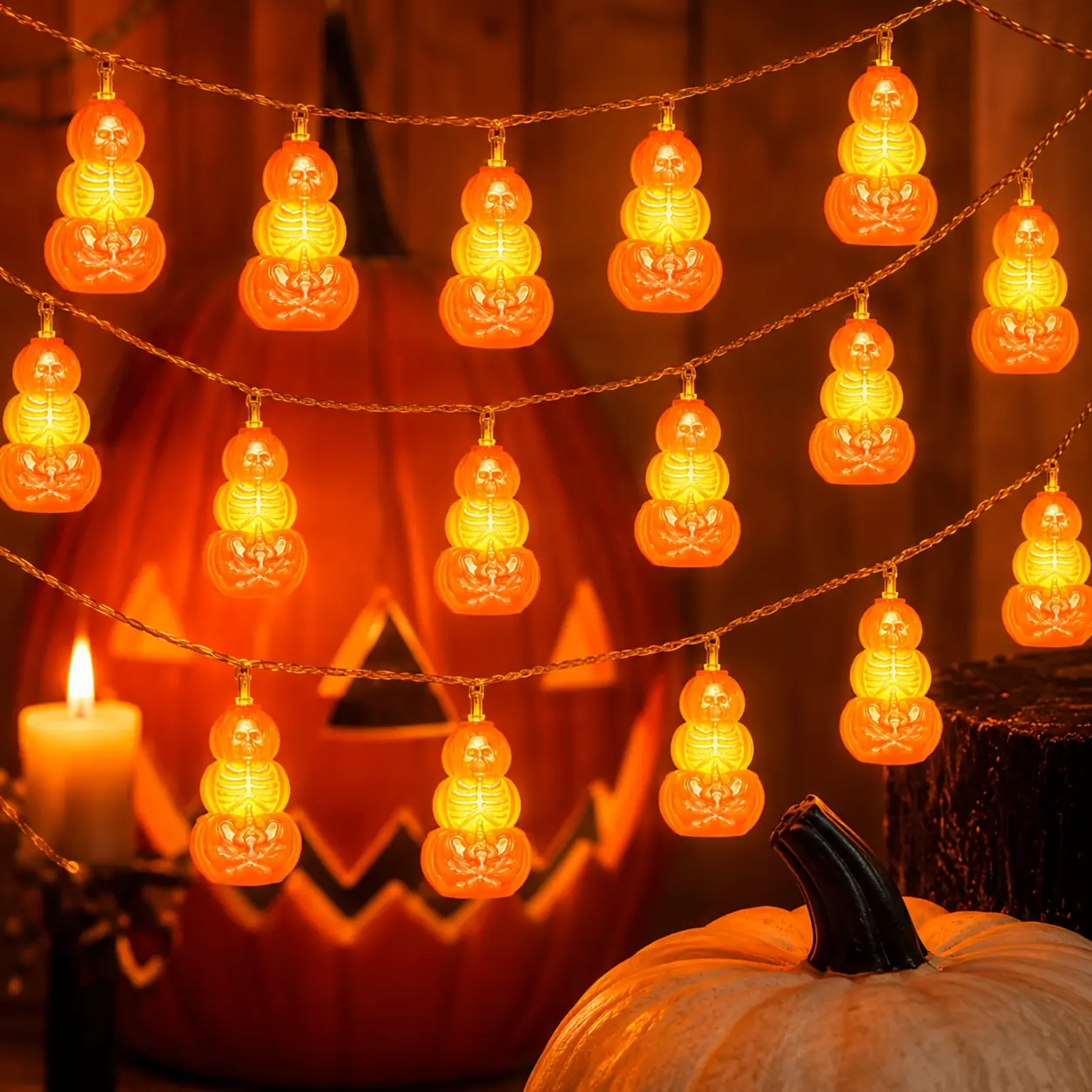 Set of 1 Halloween string lights, featuring 20 orange LED pumpkin and skull lights, each 3.15 inches in size. The total length of the string lights is 142.52 inches. Ideal for indoor Halloween decorations, mantels, fireplaces, windows, haunted houses, and