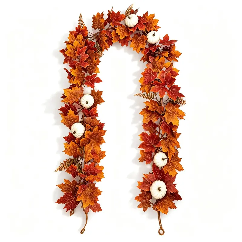 2-Pack Artificial Autumn Maple Leaf Vine Garland, 2-Piece Set with Natural Look Irregular Form Mildew-Proof White Pumpkins for Thanksgiving Halloween Farmhouse Festive Decor, Two Piece Set