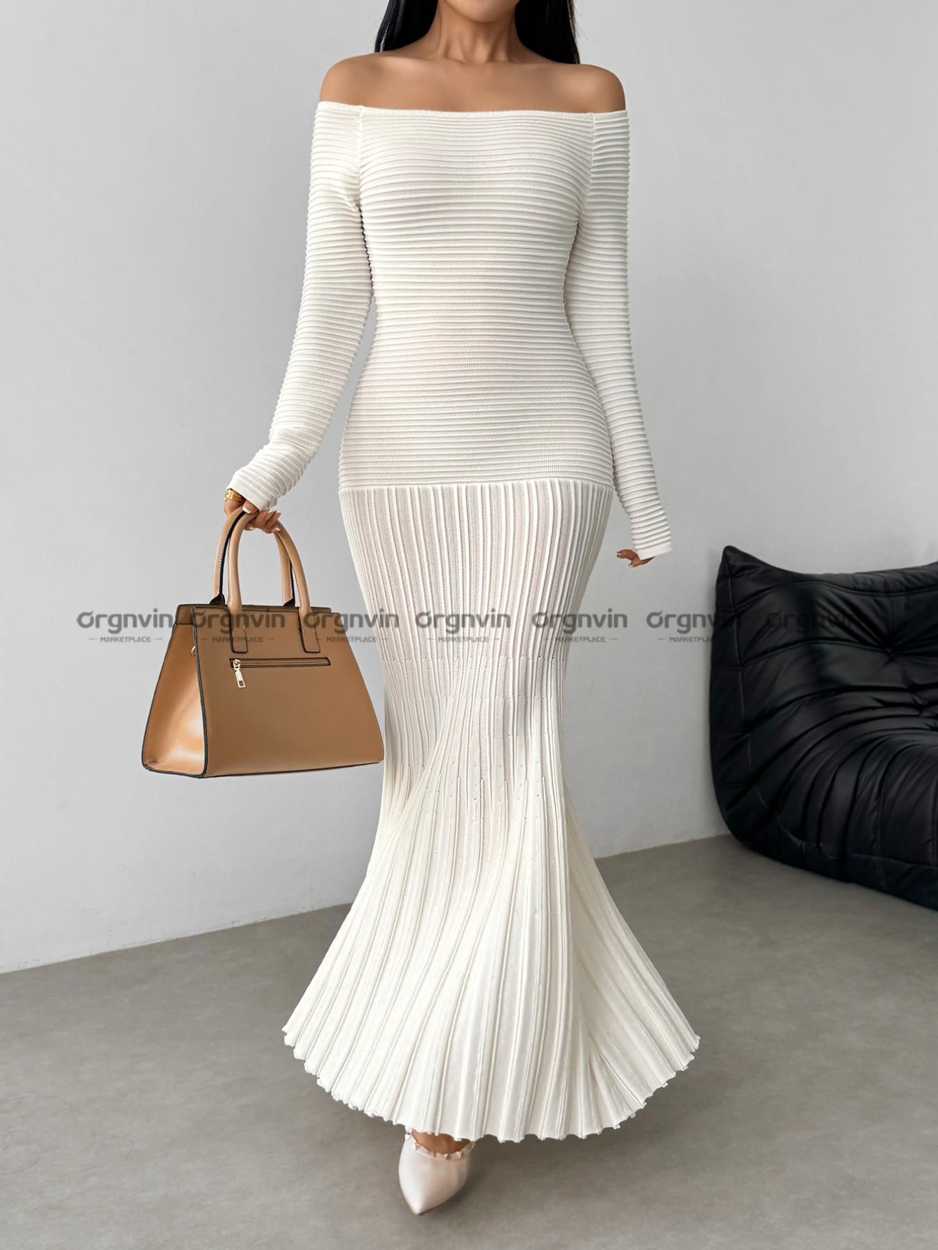 Elegant Women's Fall Winter Party Dress, Ruffled Long Skirt, Fashionable One Shoulder Knit Dress, Slim Fit, Chic and Stylish