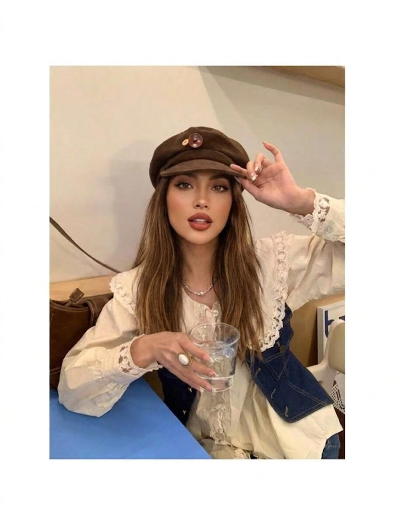 Corduroy Newsboy Hat for Women, Vintage Appeal Button Decor, Paperboy Painter Beret Cap, Japanese Y2K Style, Acubi Emo Headwear