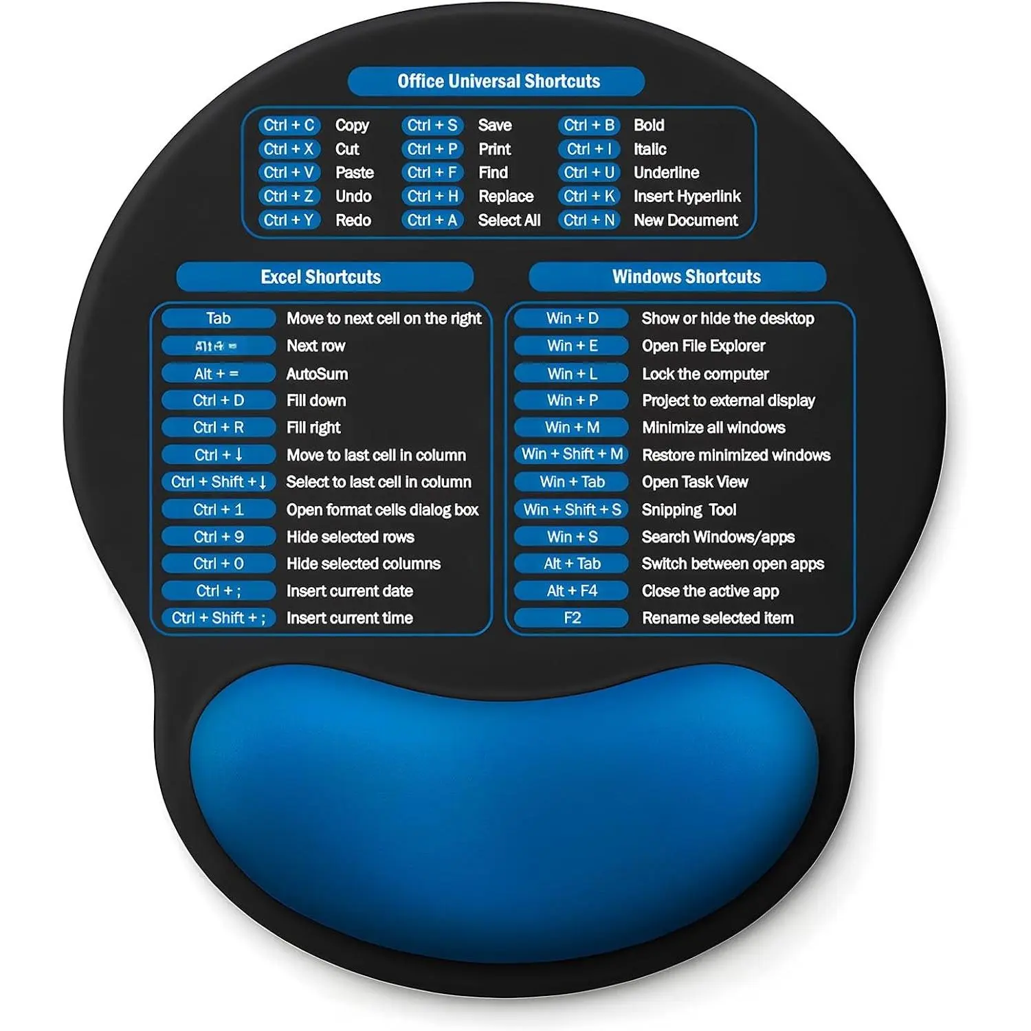 Pad with Wrist Rest -  Memory  Excel Office Shortcut | Black Blue. Excel Cheat Sheet Mousepad with Windows & Office Shortcuts, Non-Slip PU Base, for  Desk Laptop Travel