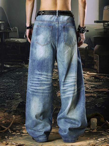 Men's Light Blue Washed Straight Leg Jeans, Vintage Y2K Style, Simple Versatile Denim Jeans, Suitable for All Seasons
