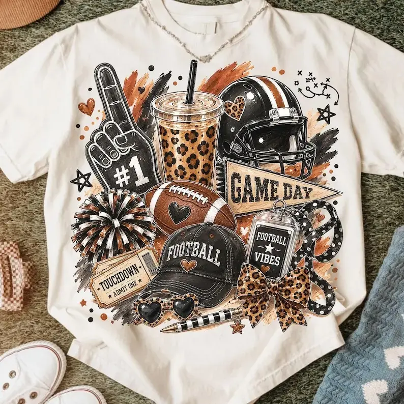 Brushstroke Game Day Football T-shirt, Leopard Football Doodles, Football Mom Shirt Football Vibes T-shirt, Touchdown Season T-shirt, Game Day Vibes T-shirt