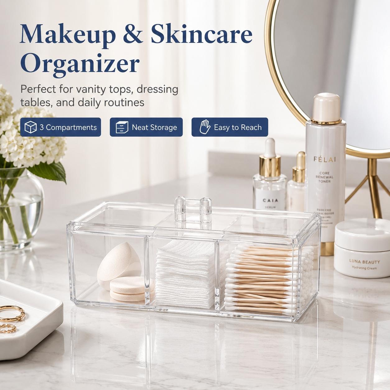 1PCS Clear Acrylic Cotton Pad & Qtip Holder with Lid, 3-Compartment Dustproof Odorless Makeup Organizer for Cotton Balls, Swabs, Beauty Sponges, Powder Puffs, Floss Picks, Bathroom Vanity, Dressing Table, Desk & Skincare Storage