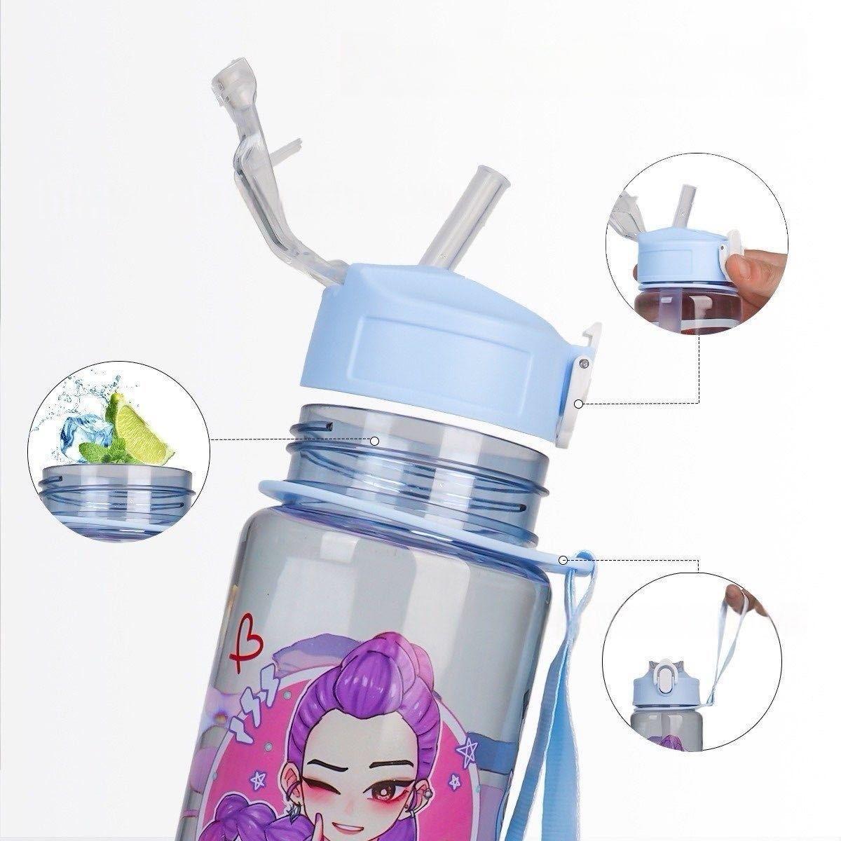K-Pop Cartoon Straw Cup, Large Capacity Travel Portable High Aesthetic Cute Plastic Water Bottle, Fun Design for Kids