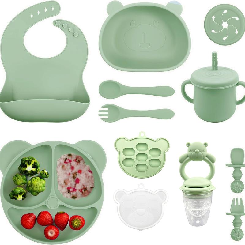 Bear Design Silicone Baby Feeding Set, 11-Piece Baby Dinnerware Set with Bowl, Spoon, Fork, Bib, Straw Cup, Snack Cup and Ice Cube Box, Cutlery Utensil Sets