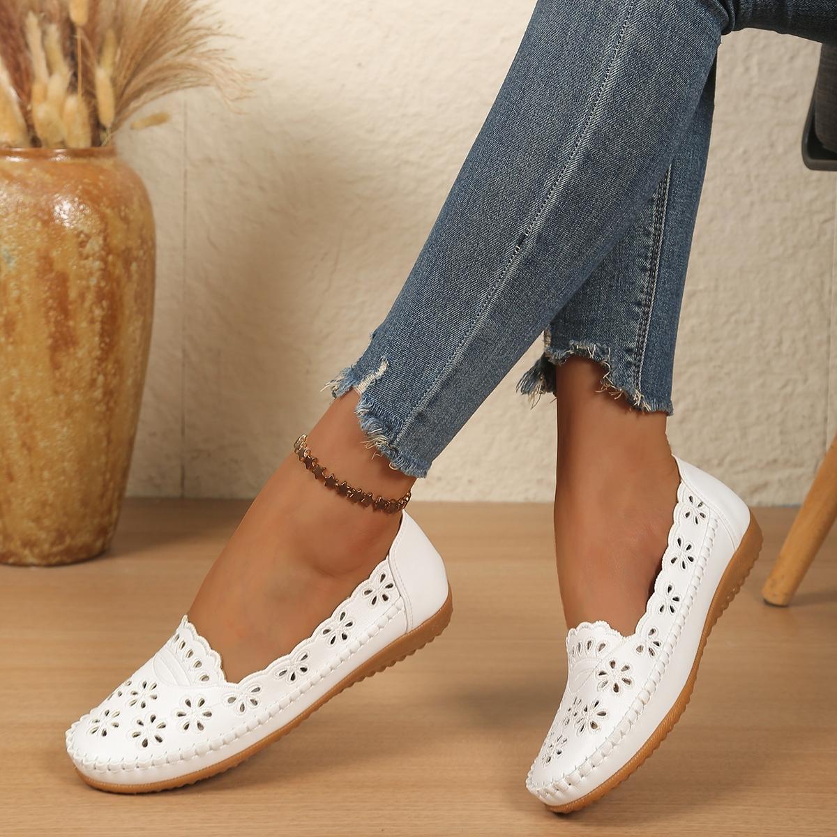 Goreyodoly Womens Wide Fit Round Toe Casual Slip On Flats, Breathable Slip Ons, Hollow Floral Lightweight Comfortable Walking Shoes All Season Office Travel Commuting Home Wear Soft Cushioned Insole Rubber Slip Resistant Durable Versatile Footwear