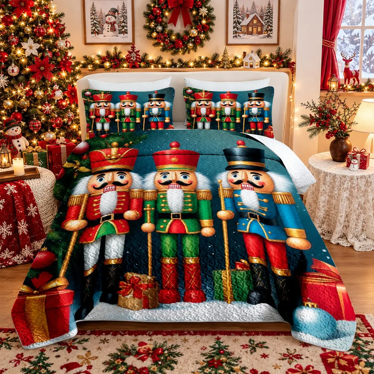 3-Piece Quilted Bedspread Set – Nutcracker Pattern (Includes 1 Bedspread + 2 Pillow Shams; Inserts Not Included). Suitable for Autumn/Halloween/Christmas. Versatile quilted coverlet/bedspread/summer quilt; available in sizes ranging from Twin/Full to Quee