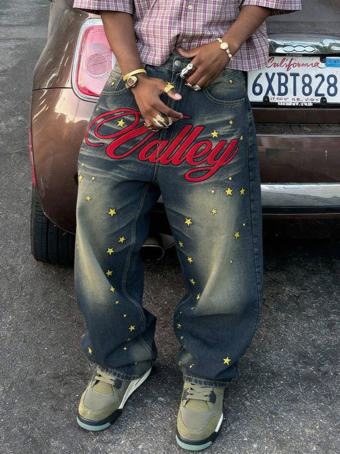 Four-season loose straight-leg wide-leg blue stacked flared jeans, decorated with letter and star embroidery, American street fashion clothing, a versatile must-have for daily casual wear, essential for trendy and cool outfits