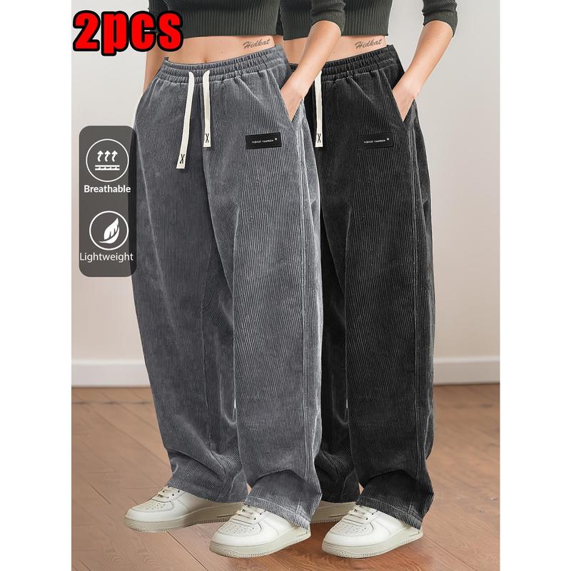 Women's Fashion 2PC Corduroy Wide-Leg Casual Pants, Elastic Waist Hiking Jogger, Drawstring Waistband, Deep Pockets, Suitable for Daily Wear & Hiking | Spring & Autumn Sports & Outdoor Use