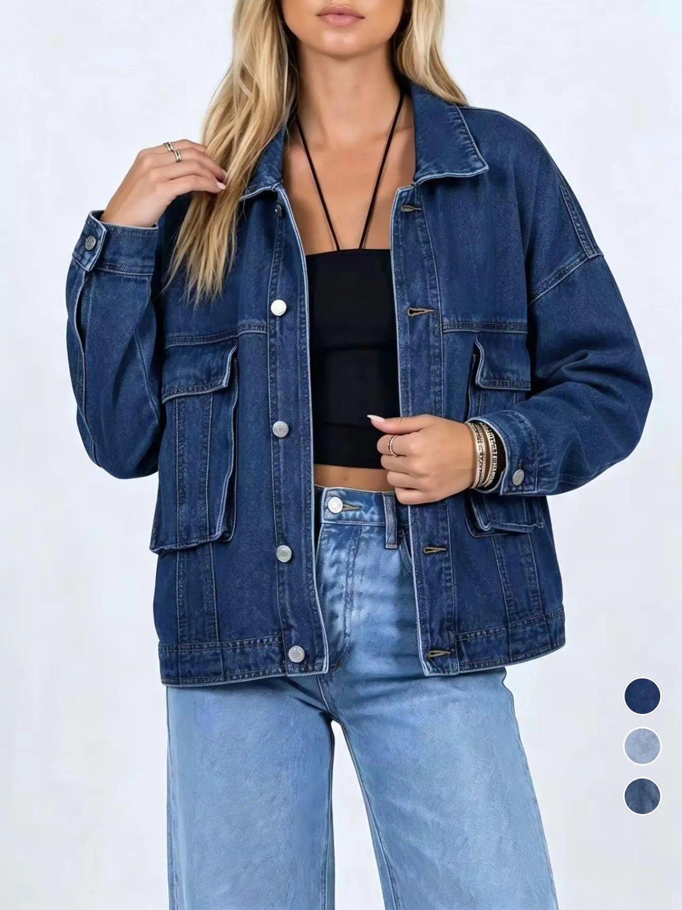 Vintage Loose-Fit Denim Jacket with Large Pockets, Fall & Winter Essential, Solid Color, Unlined, Plain Surface, Top Without Zipper, Coats