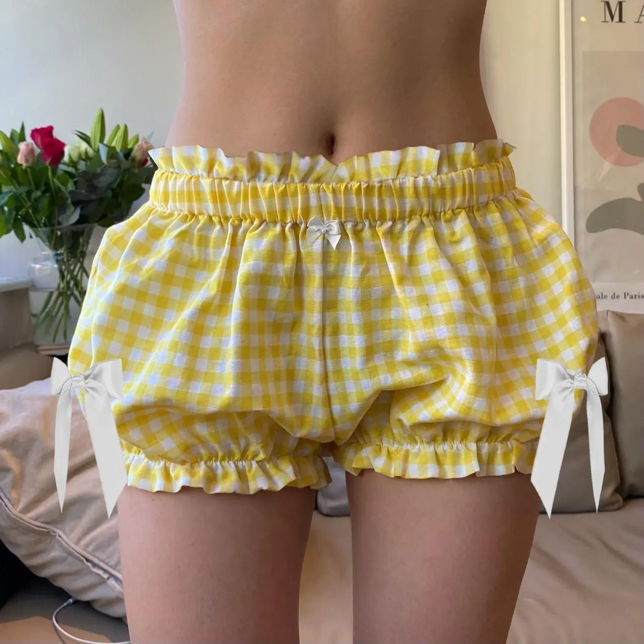 Women Red and White Plaid Bloomer Shorts Vintage Y2k Gingham Shorts Elastic Waist Bowknots Sweet Girl Lolita Pettipants