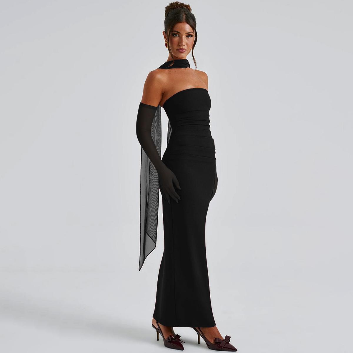 Strapless Mesh Neck Tie Long Sleeve Bodycon Maxi Dress for Women's Summer Sexy Evening Party Club Dating Gown Beach Vacation Dresses Outfits