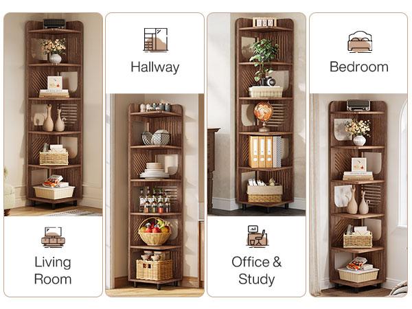 LITTLE TREE 6-Tier Tall Corner Shelf, 71-Inch Rustic Narrow Corner Bookshelf Bookcase with Square Rack, Freestanding Corner Display Storage Shelf Organizer for Living Room, Kitchen, Office