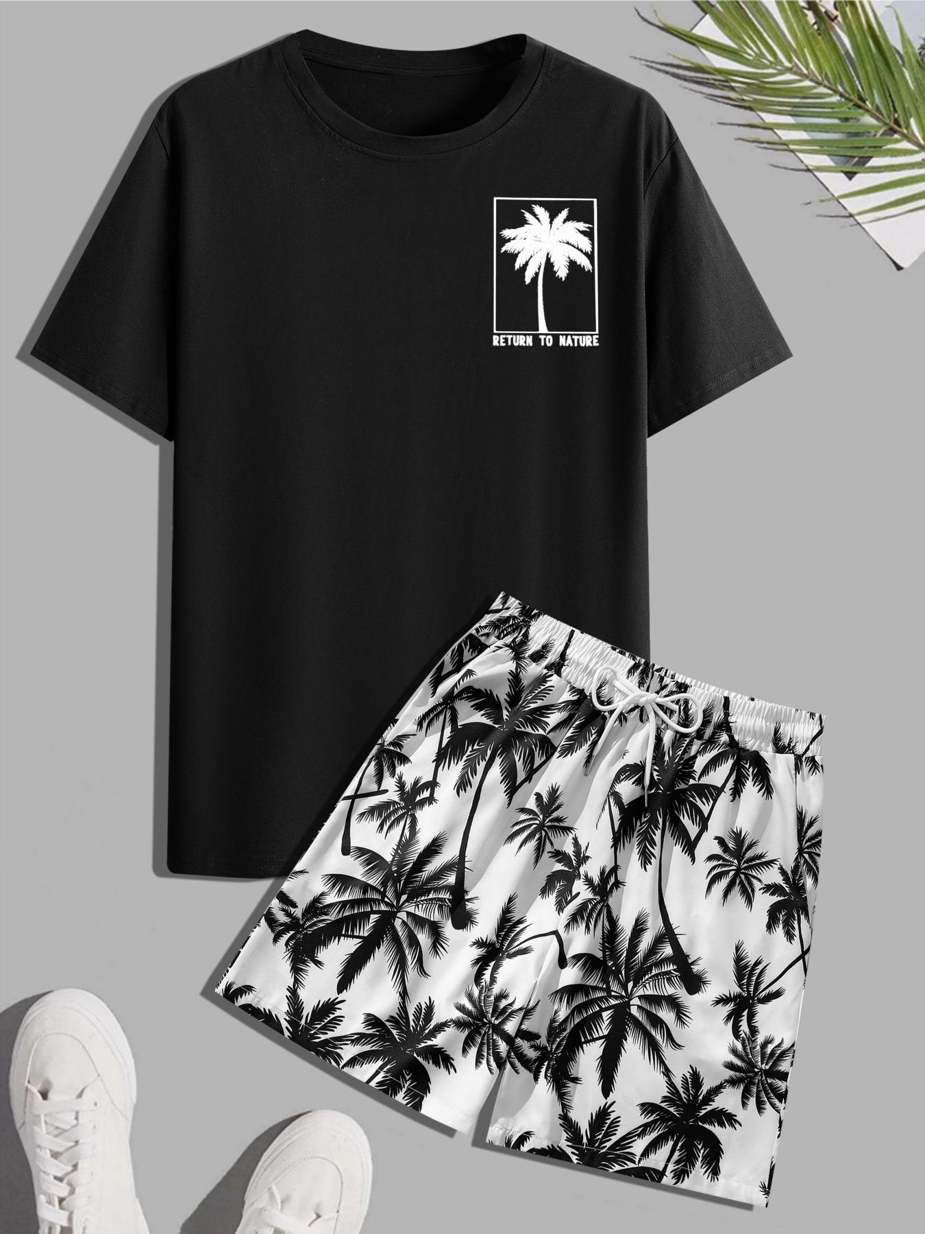 Men's Regular Fit Letter Print Shortsleeve Tee & Tropical Print Shorts Set, Casual Short Sleeve T-shirt & Drawstring Waist Shorts, Summer Clothes Set for Men, Homewear, Casual Lounge Set, Menswear, Pajamas Sleepwear