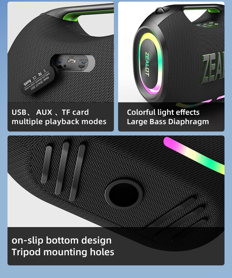 120W【ZEALOT】24000mAh/LIMITED/OFFERS Portable Speaker Bluetooth Speaker Party Speaker Waterproof IPX6 RGB Lights Power Bank TWS supports TWS pairing/USB/TF/AUX/BT smartphones. Ideal choice for family/car/Pool Party/BBQ/camping/gift giving