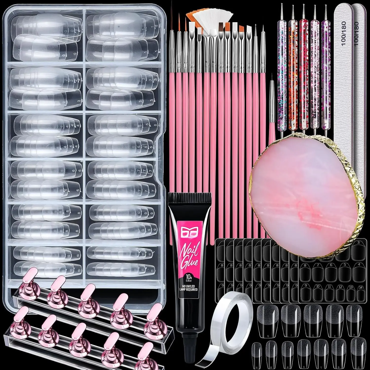 Art Kit,  Brushes Set with  Design Dotting Tools, Mixing ,  Stand.   Kits with Short Coffin Square Gel  Tips,  Glue, Adhesive Tabs,  File Supplies.