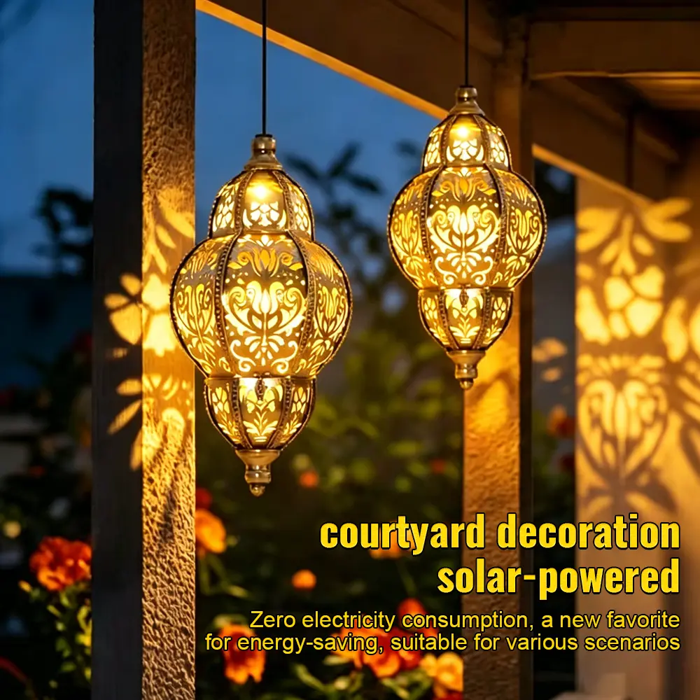 Moroccan Solar Lantern - 27.17 in Waterproof Contemporary Solar Outdoor Light with Retro Dynamic Shadow Projection, Hanging Lantern for Garden Decor, Camping Essentials