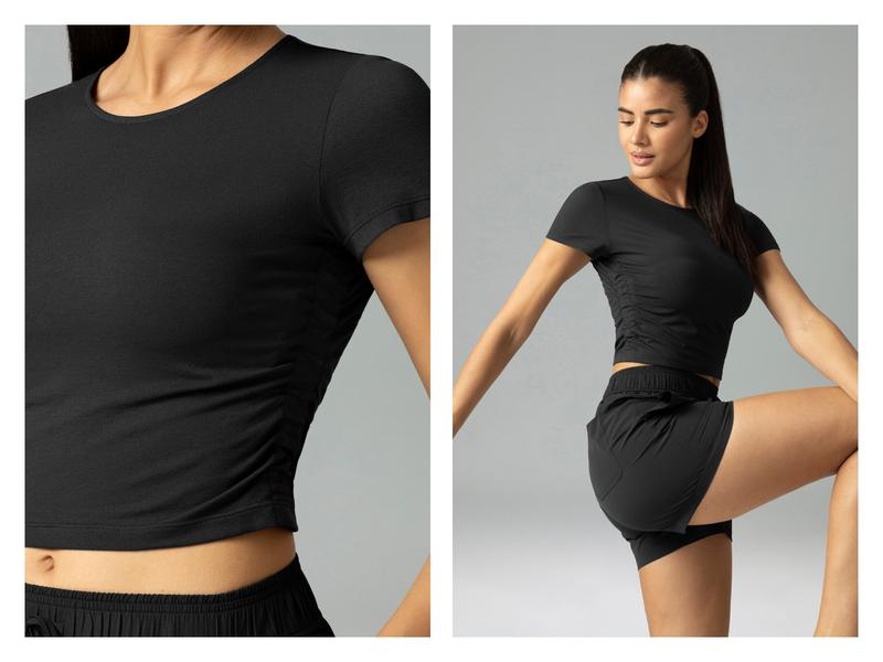 Colorfulkoala Women's Sorona Crew Neck Short Sleeve Tops with Side Ruched Waist Slim Fit Design Workout Shirt