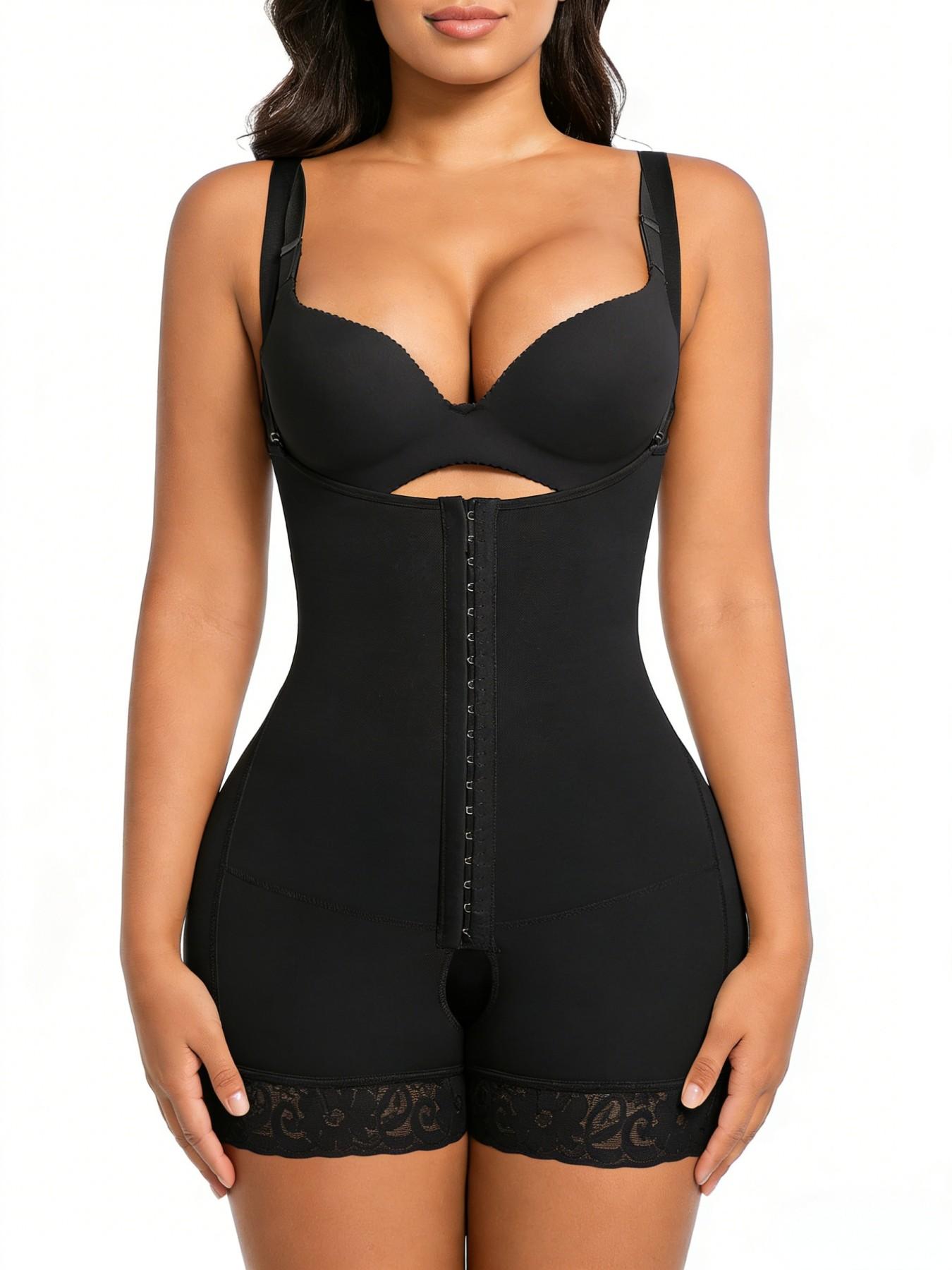 1 Count Women's Compressing Body Shaper, Fajas, Adjustable 4 Row Hooks Colombian Shapewear, Tummy Control Shapewear Bodysuit, Solid Color Jumpsuit, Open Bust Bodysuit, Suitable For Training Or Sports