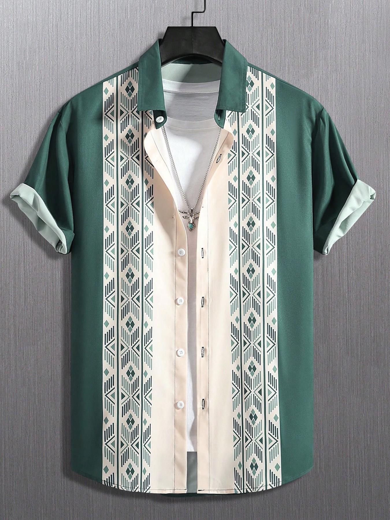 Men's Casual Short Sleeve Shirt, Ethnic Pattern Striped Print, Hawaiian Vacation Style, Summer Top, Fitted H-Type Silhouette