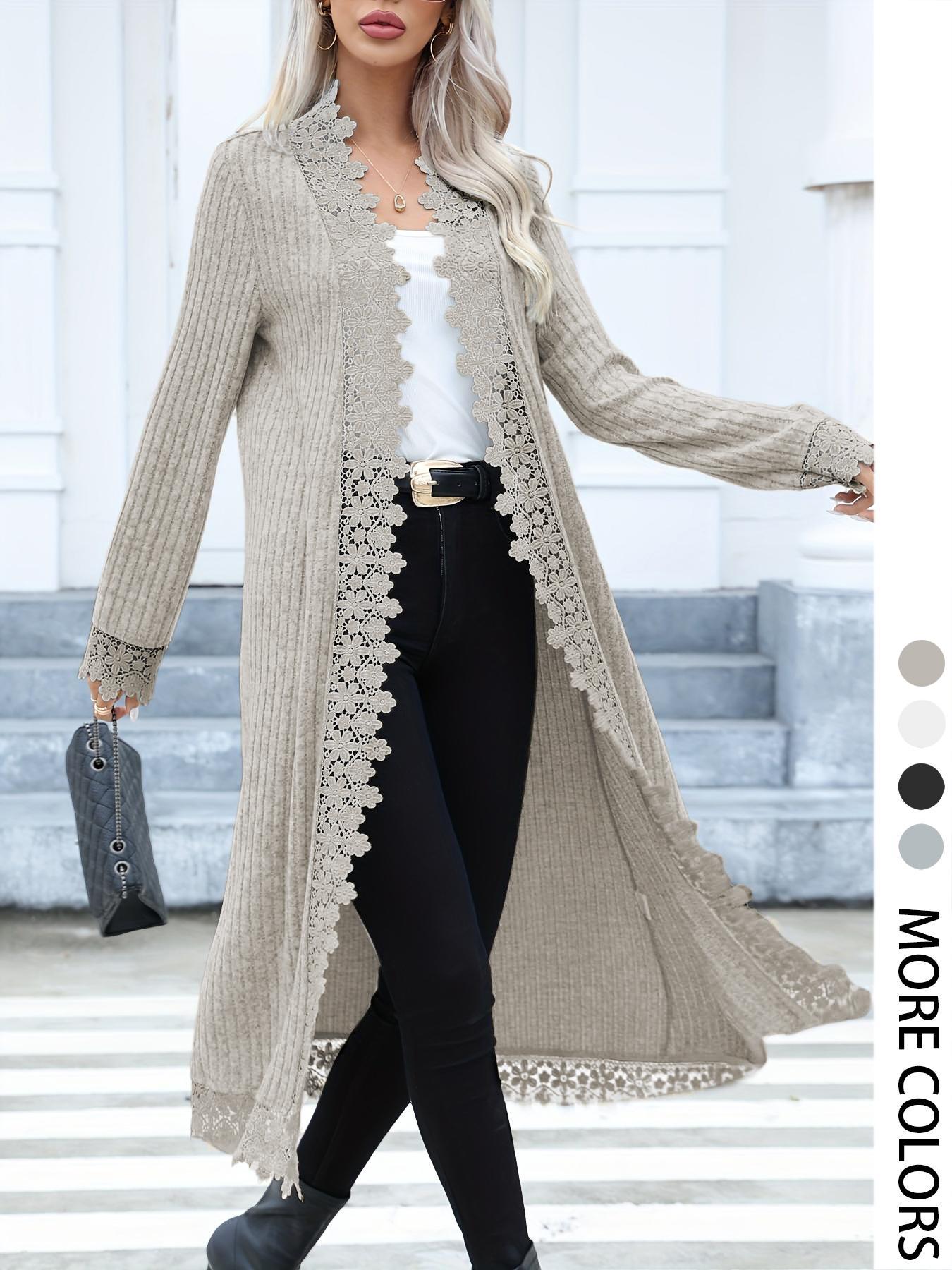 Women's Contrast Lace Open Front Longline Coat, Casual Long Sleeve Ribbed Outerwear for Spring & Fall, Ladies Clothes for Daily Wear