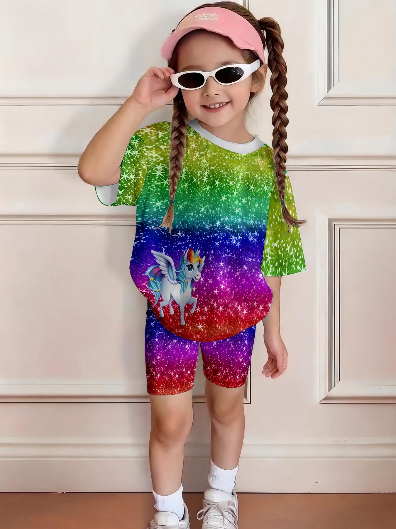Girls Summer Rainbow Gradient Unicorn Set, Kids Dreamy Galaxy Pegasus Short Sleeve & Shorts Two-Piece Outfit