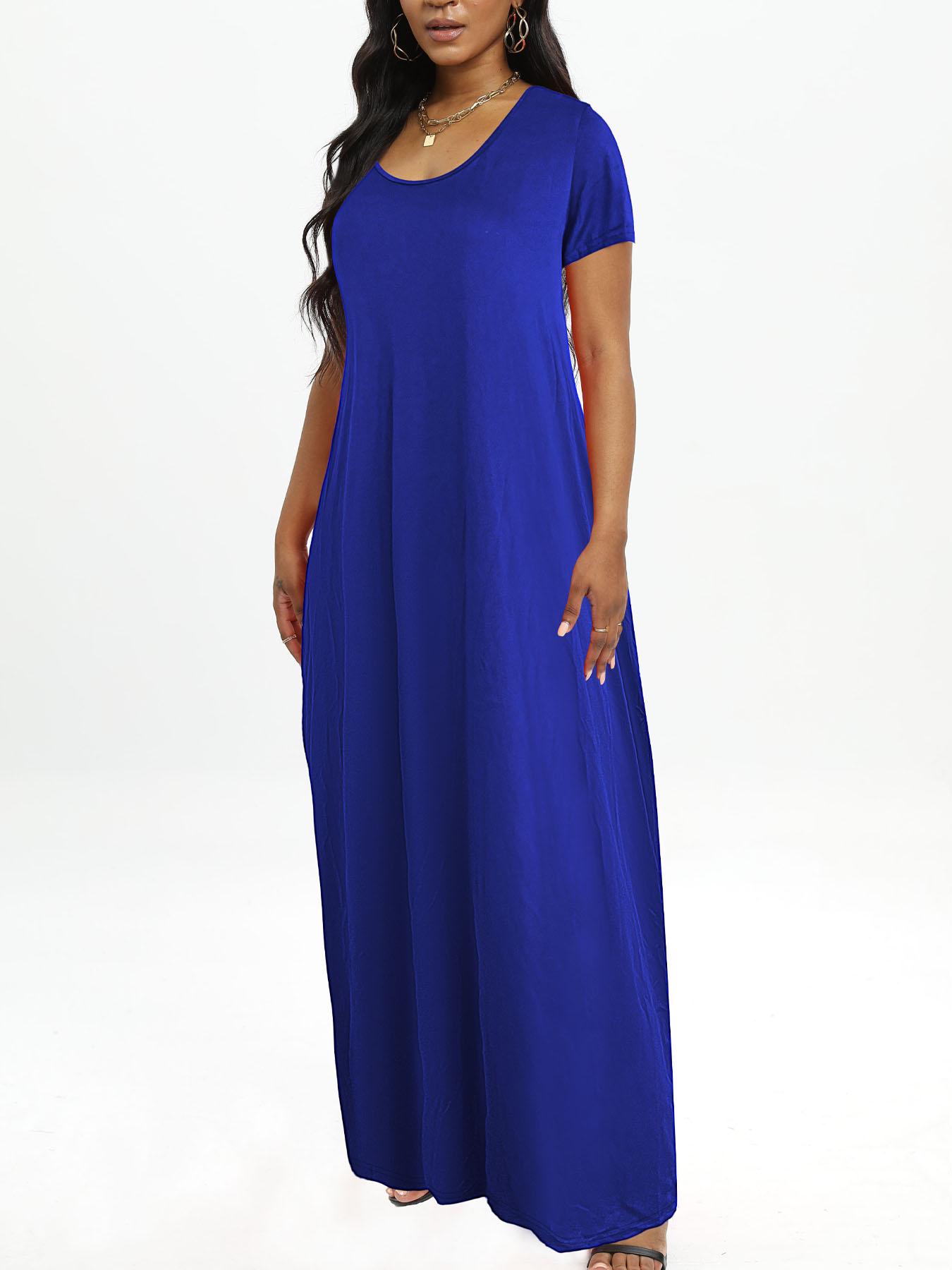 Plus Size Round Neck Short Sleeve Maxi Dress, Loose Flowy Hem, Curvy Friendly Long Dress