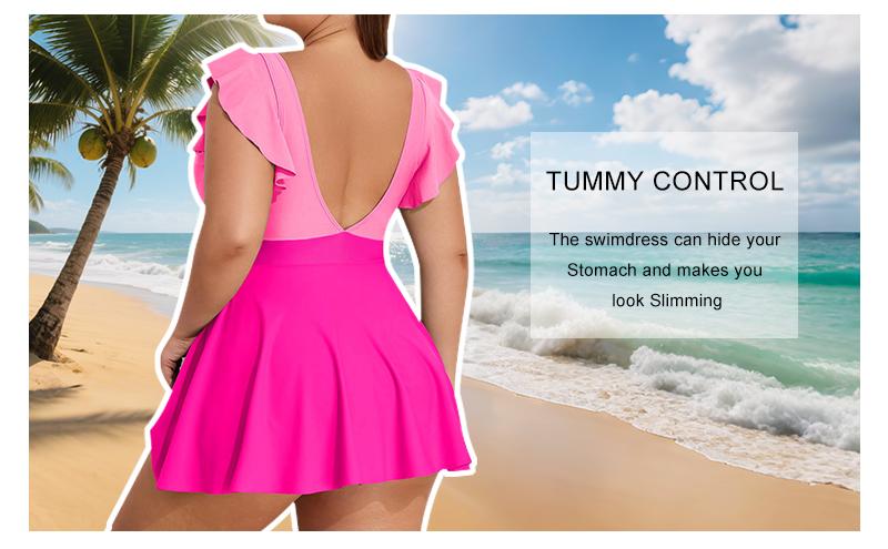 B2prity Women's Plus Size Swimsuit Tummy Control One Piece Swimdress Ruffle V Neck Cutout Wrap Bathing Suit with Skirt