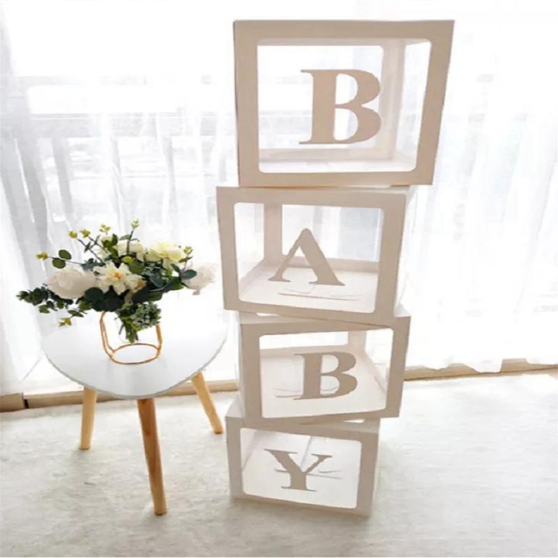 27cm Baby Paper Balloon Box Baby Boxes With 4 pcs Letters,White Clear Balloon Box Blocks for Baby Shower Gender Reveal Decoration,Kids Birthday Party Decor
