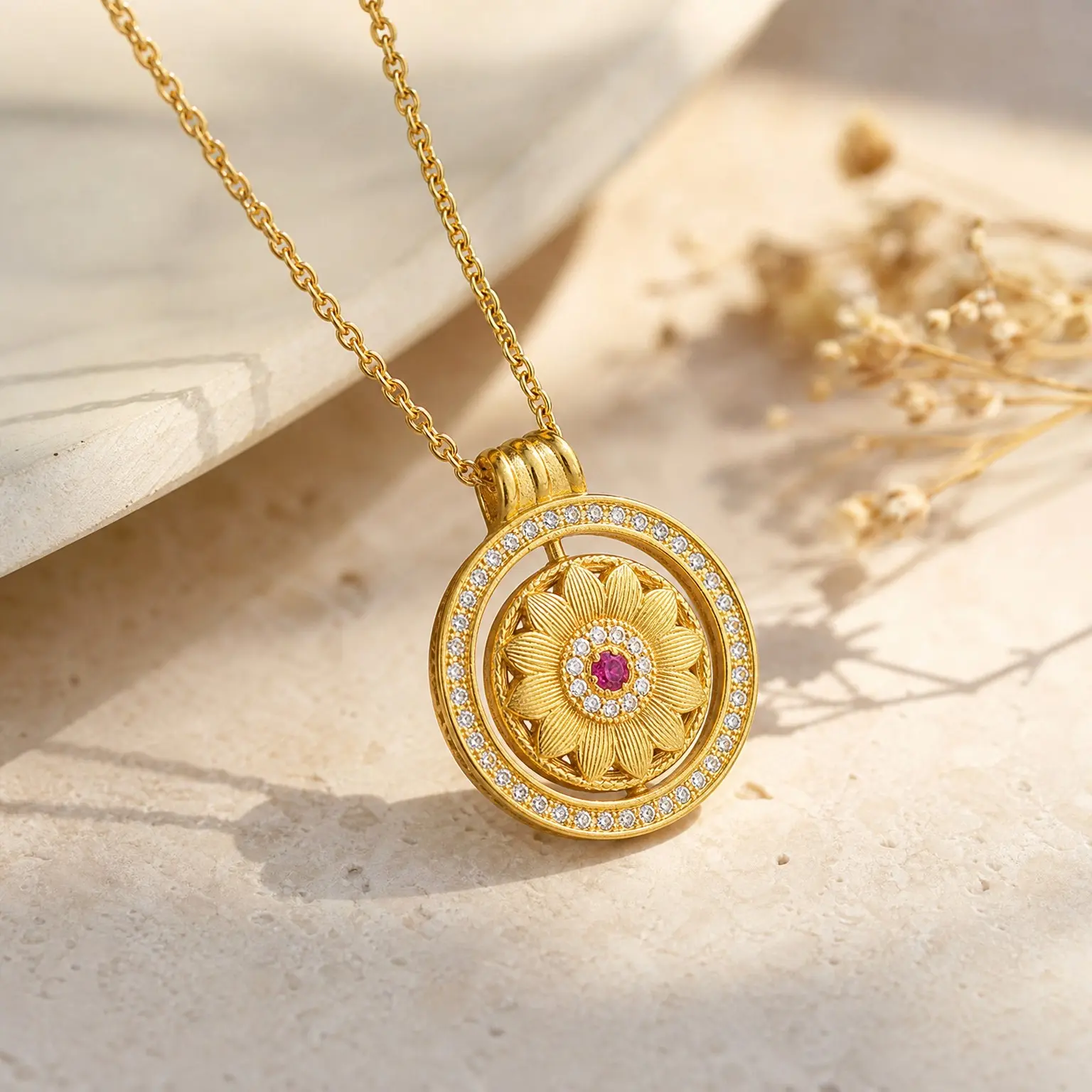Spinning Sunflower Necklace Sterling Silver Zircon Gemstone Anxiety Relief Pendant, You Are My Sunshine Fidget Rotatable Jewelry Birthday Christmas Gifts for Women Wife Her