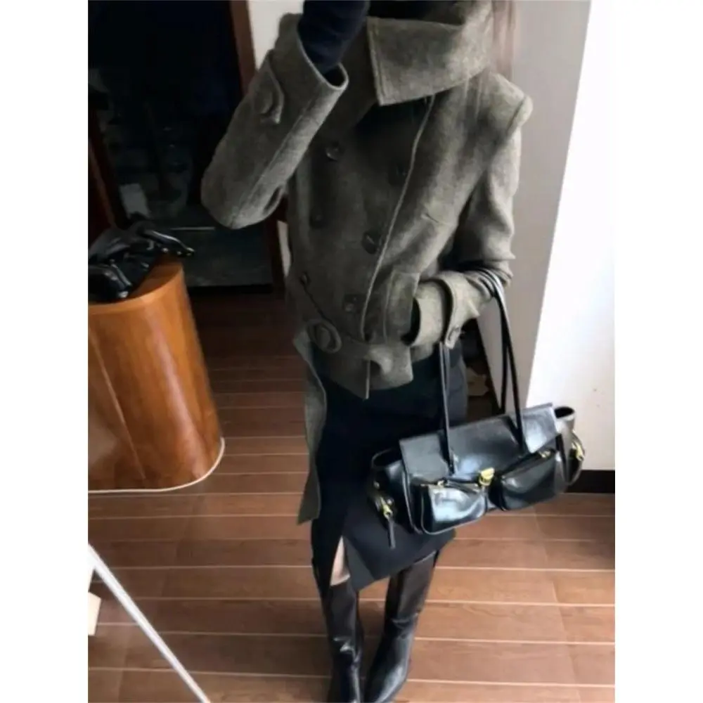 French Vintage Elegant 2 Piece Sets Women Slim Belt Design Retro Coat + Casaul retro Skirt Female Chic Korean Popular Clothes