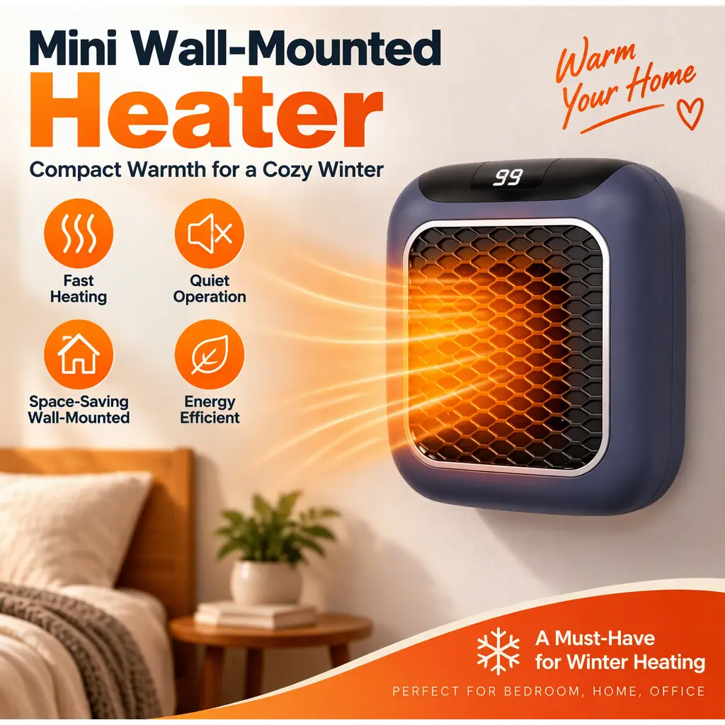 Household Mini Wall-Mounted Small Heater, Quiet & Efficient Bedroom Space Heater, Winter Must-Have,Pre-lit