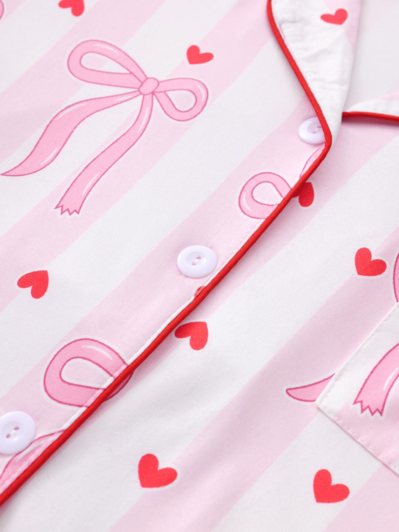 Valentine's Day Bow and Heart Print Pajama Set, Soft Silky Striped Short Sleeve Sleepwear, Women's Comfortable Nightwear