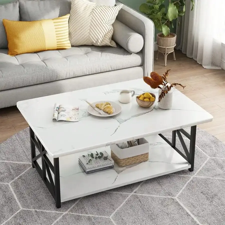 Rectangular Mobile Coffee Table with Faux Marble Top, Black Metal Frame, 2-Tier Storage Shelf, Wheels for Living Room, Office Standing Desk Dining Use