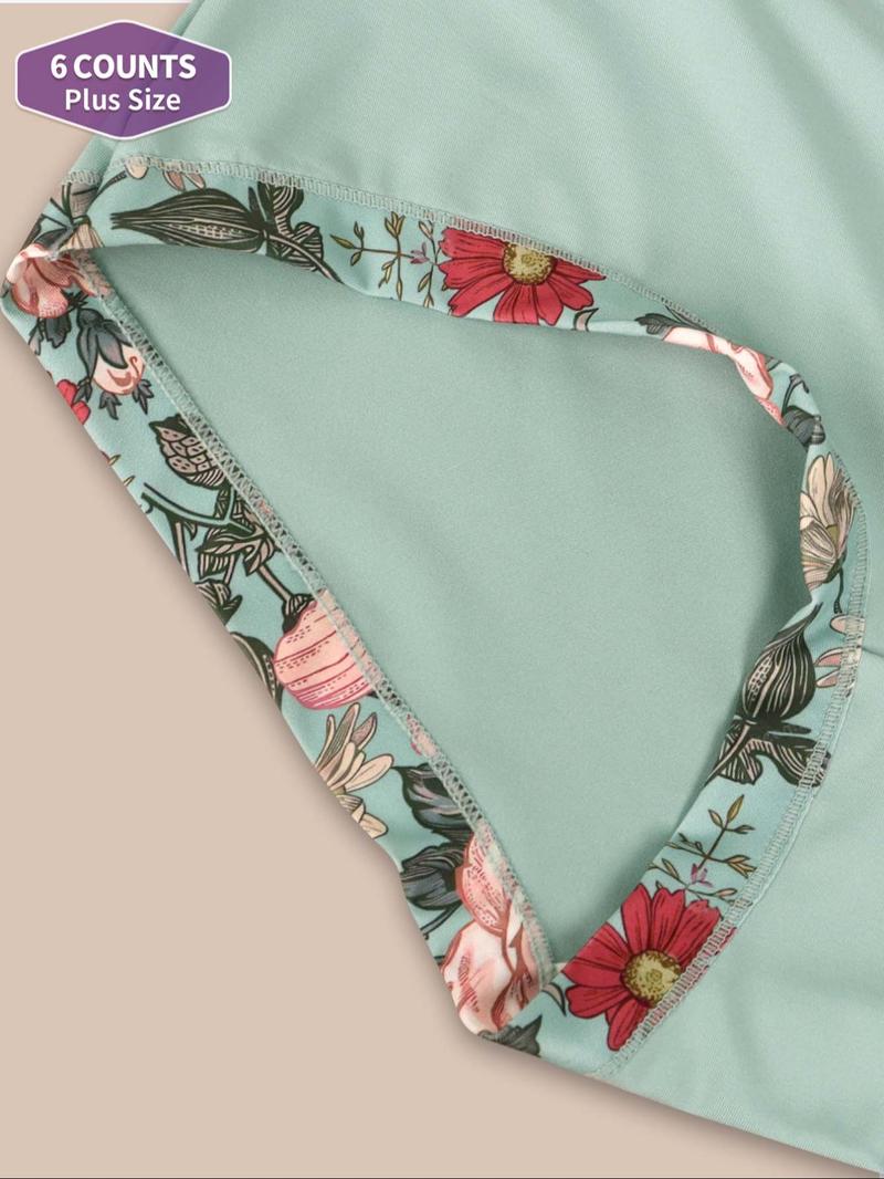 【Plus Size】 Floral Print Patchwork High Waist Panty, Tight Fit Soft Comfy Breathable Brief for Daily Wear, Women's Underwear for All Seasons, Colorblock Print Panty