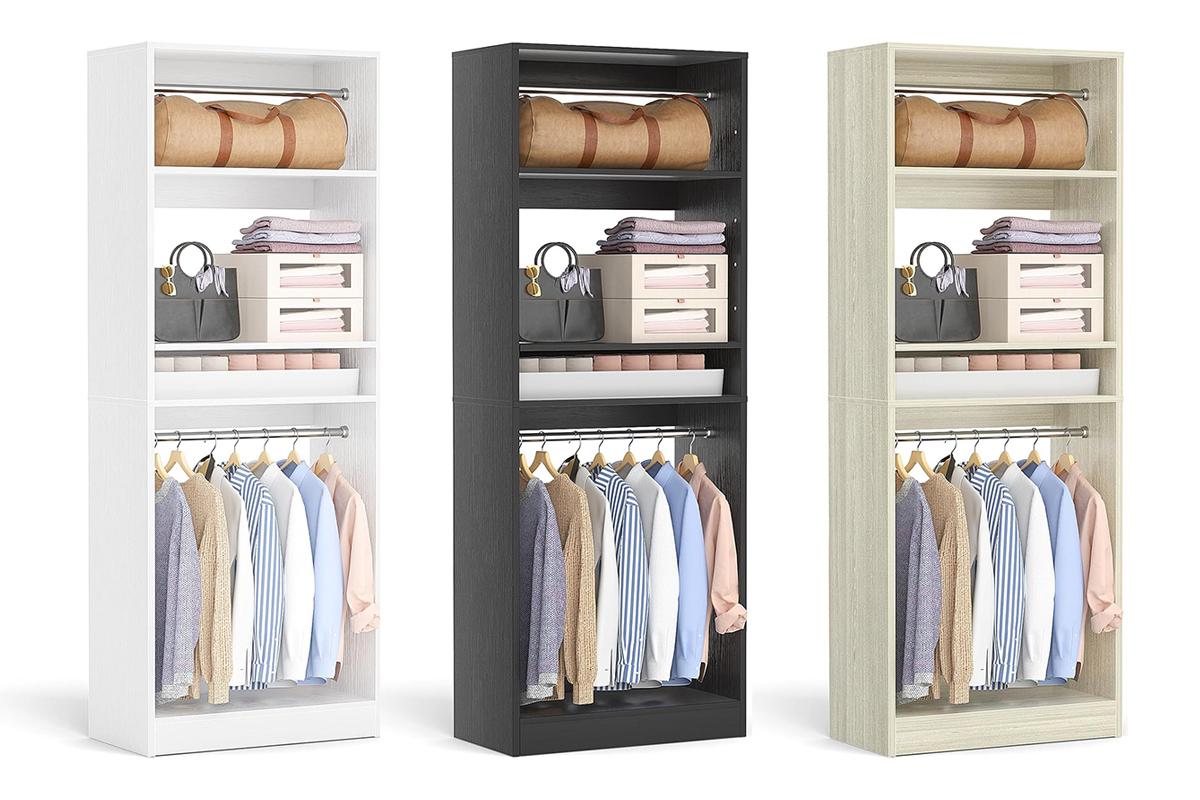 Cyclysio 75” Closet System with Shoe Rack and Hanging Rods, Modern Walk-in Closet Organization Wardrobe with Wooden Drawers and Mirror and Shelves