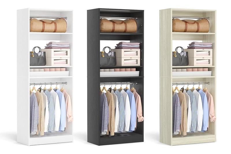 Cyclysio 75” Closet System with Shoe Rack and Hanging Rods, Modern Walk-in Closet Organization Wardrobe with Wooden Drawers and Mirror and Shelves