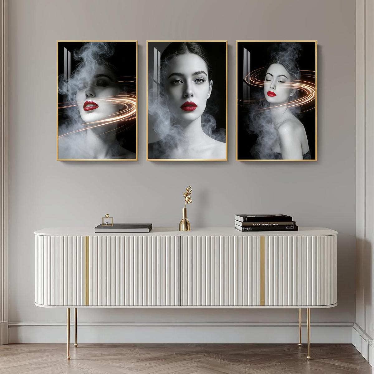 3 Counts Aluminum Alloy Framed Painting, Abstract Smoke And Light Portrait Pictures, Home Decoration For Living Room, Bedroom, Office, Restaurant, Hallway Wall Decor, Odorless Print Artwork, Luxury Perfect Gift For Friends And Family