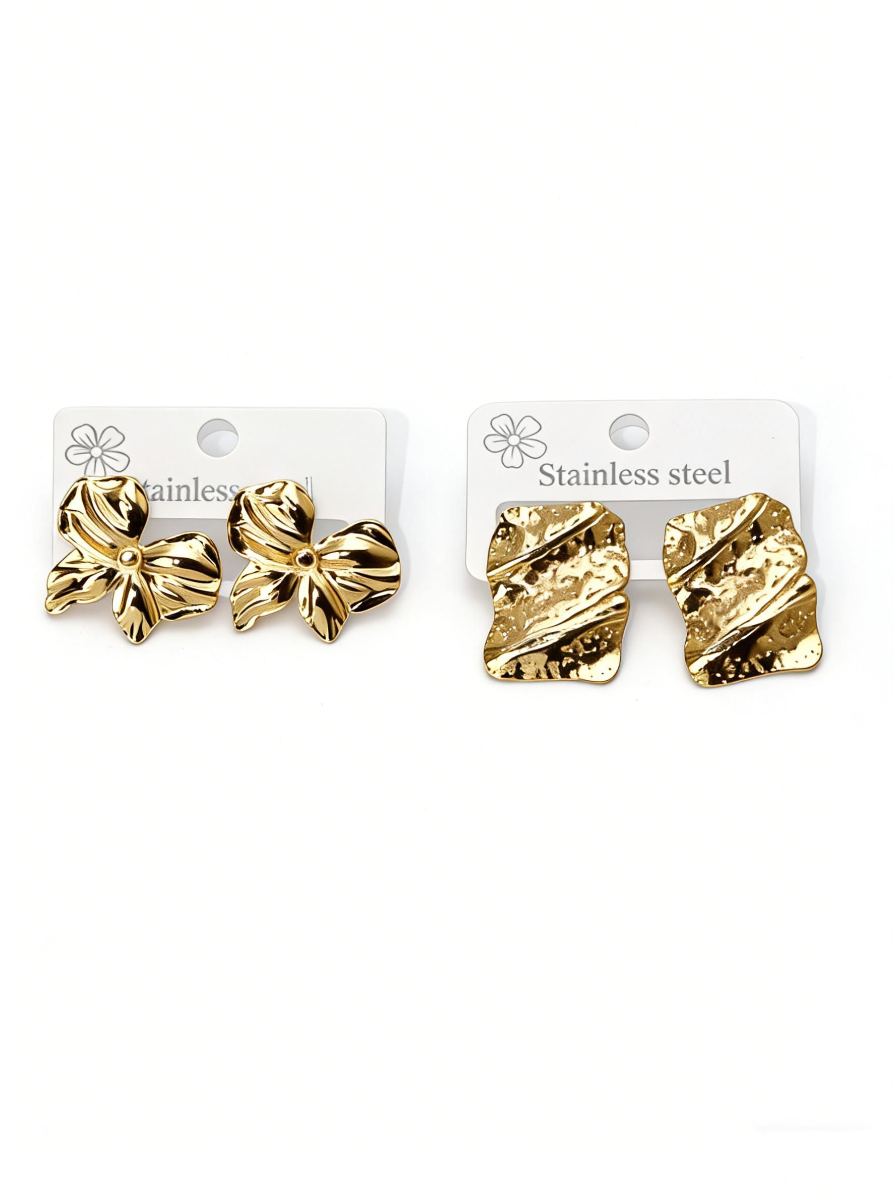 18K Gold Plated Stainless Steel Earrings for Women, Vintage Geometric Flower Heart Statement Studs, Hypoallergenic Non Tarnish Fashion Jewelry