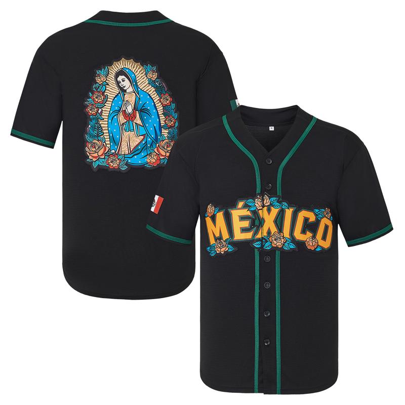Mexico Guadalupe Embroidered Baseball Jersey,Men's Gift,Button Short Sleeve Sports Jersey,Loose Breathable Soft Comfort V-Neck Top,Gift for Game Day