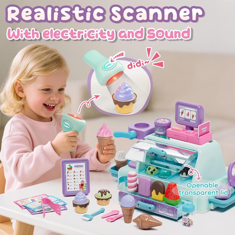 Lehoo Castle 45 pcs Ice Cream Toys, Ice Cream Counter Playset with Sound and Light, Pretend Play Toy, Complete ice cream stand, Gift for Boys and Girls age3+