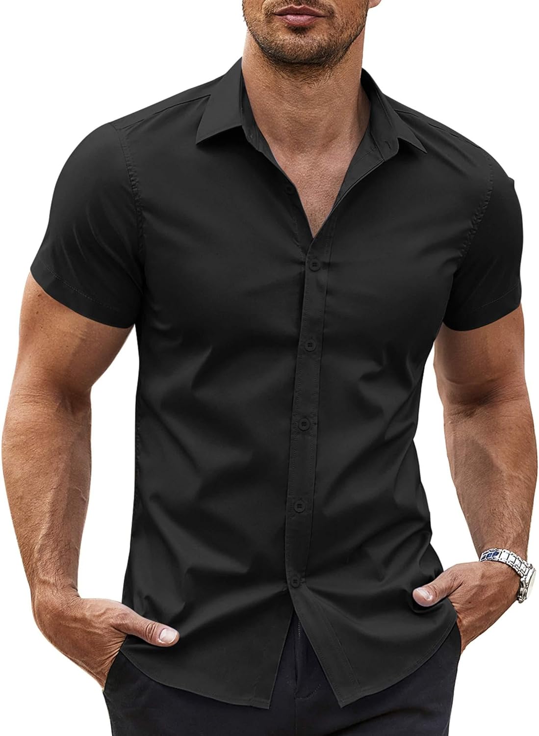 COOFANDY men's muscle fitting casual short sleeved shirt fabric men's short sleeved shirt elastic spandex elastic top underwear, business dress, summer casual top, boutique men's top