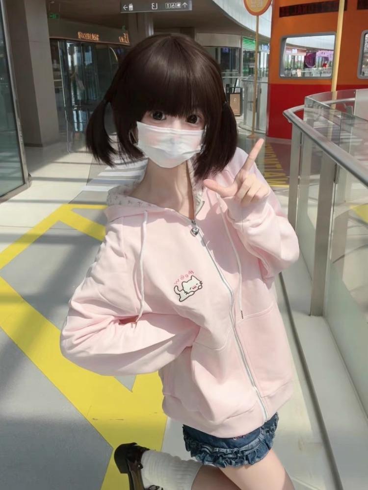 Japanese Pink Kawaii Cute Cartoon Embroidery Hoodie Women Y2k Aesthetic Patchwork Pocket Hoody Casual Grunge Zipper Sweatshirts