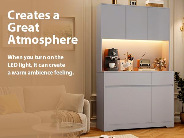 FOTOSOK 71" Modern Black Kitchen Pantry Cabinet with 6 Doors, 3 Drawers, LED Lights, Power Outlets, USB Ports, 39.4" Wx 15.2" Dx 70.9" H