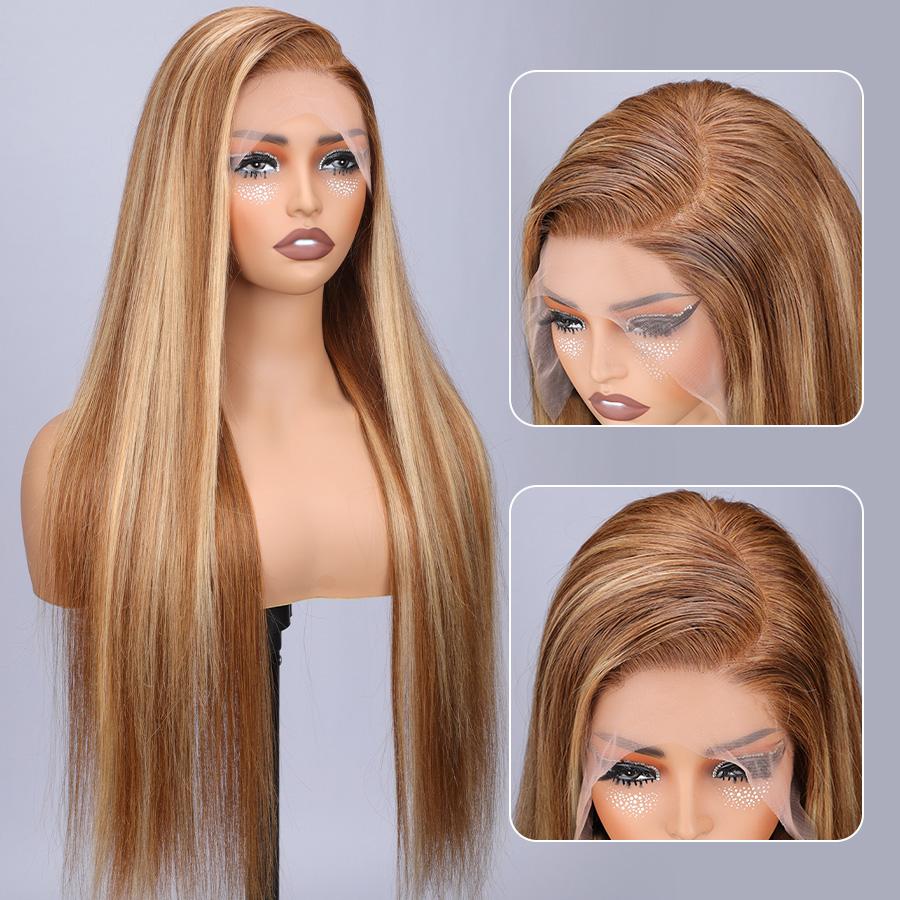 Pizazz Hair 13x6 Ombre Highlight Lace Front Wigs Human Hair with Baby Hair 220 Density 4/27 Honey Blonde straight Lace Frontal Wigs Human Hair