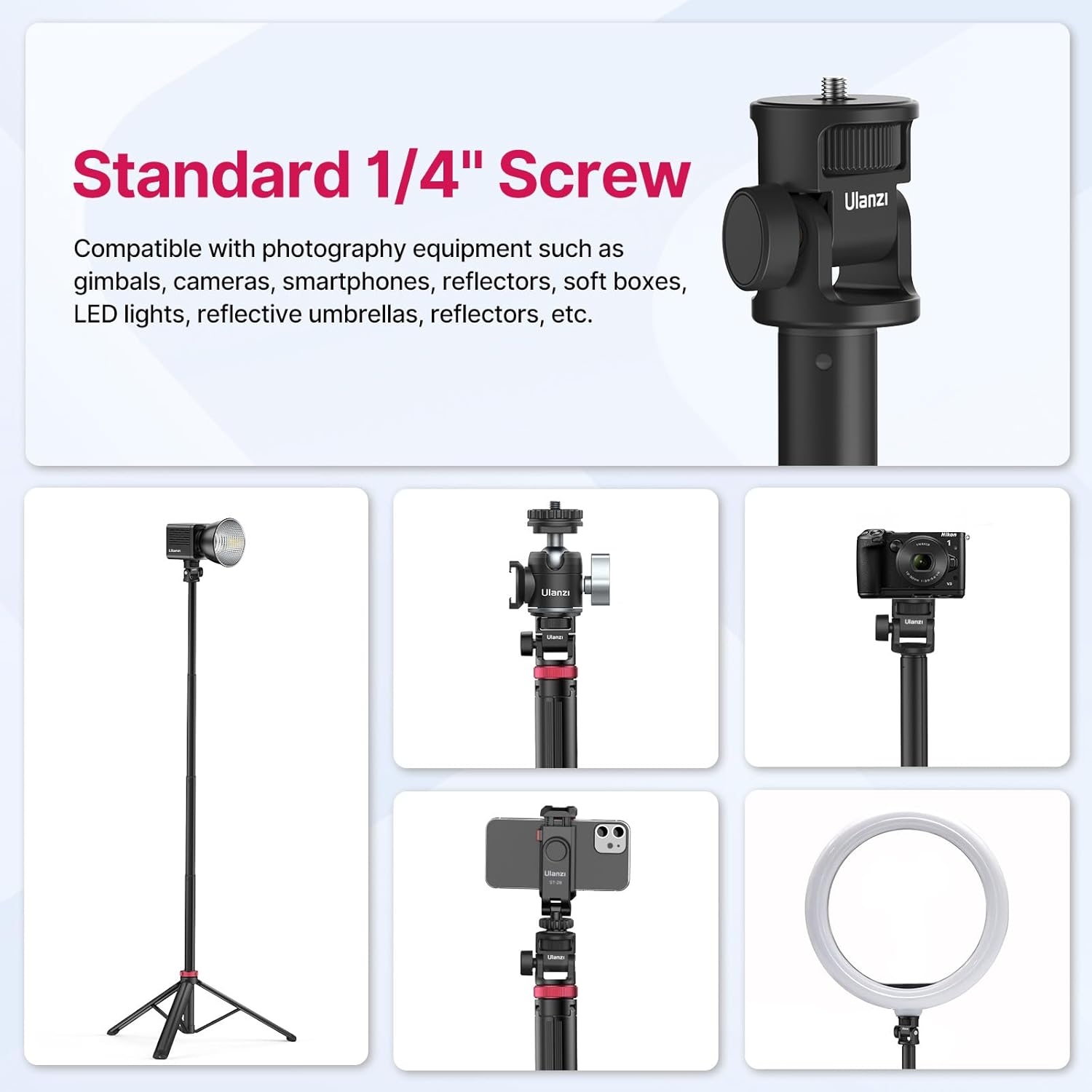 MT-79 Extendable Photography Light Stand, 81" Portable Adjustable Light Tripod with 1/4" Screw, 360? Ball  Camera Phone Tripod for Continute Output Lighting, Webcams, Cameras,for Pocket3